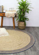 Capri Natural Round Navy Boarder Rug