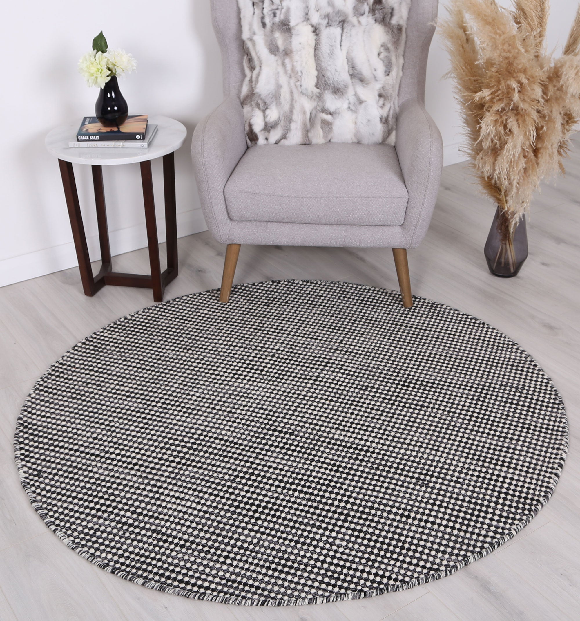 Scandi Charcoal Reversible Wool Round Rug